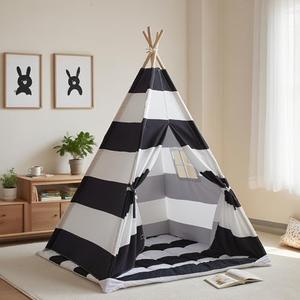 xiaowantong Teepee Tent for Kids with Padded Mat, Lights, and Carry Bag, Washable Playhouse for Indoor Use, Ideal Play Tent for Girls and Boys, Stripe Black