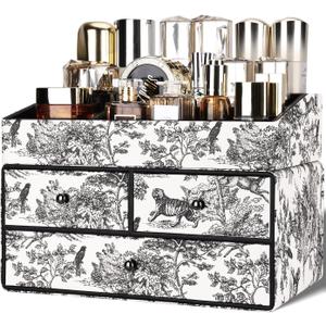 GORESE Leather Makeup Organizer with 3 Drawers for Vanity, Stackable Skincare Holder Dresser Organizer Countertop, Make Up Storage Organizers Counter Cosmetic Display Case Gift for Women(Retro Black)