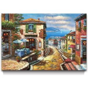 UTOP-art Coastal Cityscape Oil Painting Artwork: Italian Town Canvas Wall Art Mediterranean Style Street Painting for Living Room (45 x 30)