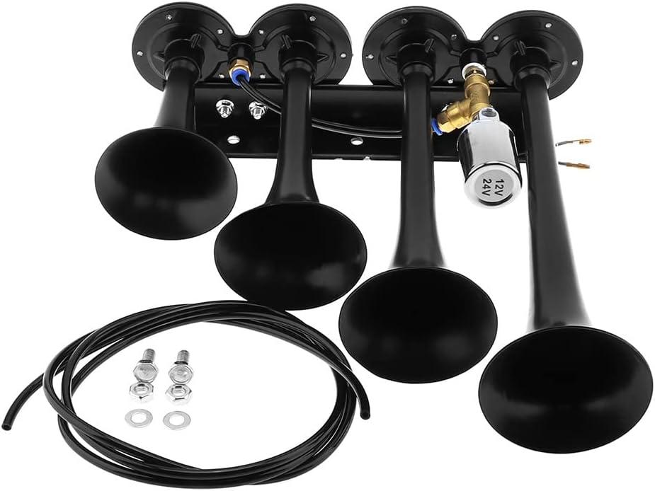 12V / 24V Truck Train Air Horn, 185dB Super Loud Four Trumpet Air Horn for Car Vehicle Truck Train Boat