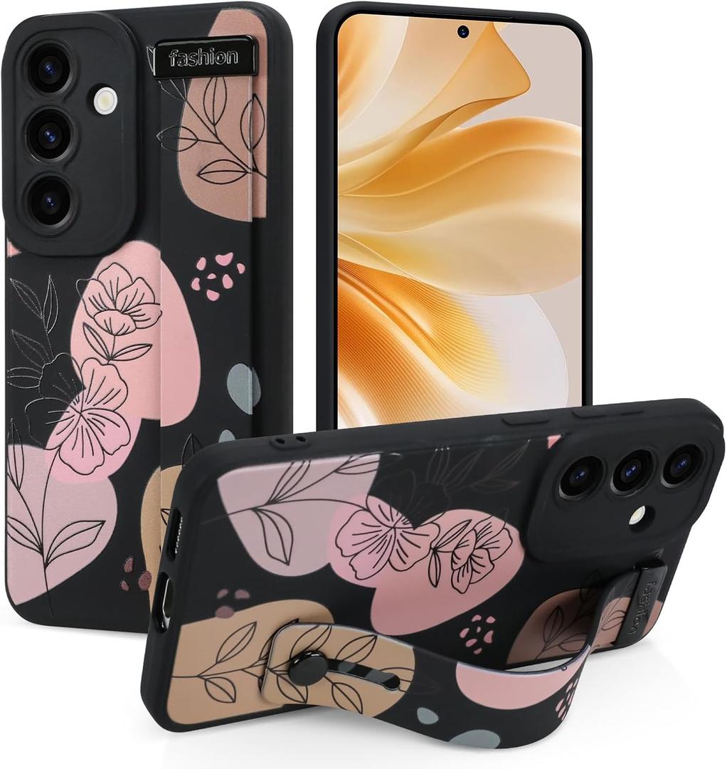 Case for Samsung Galaxy S25 6.2 inch 2025 Released, Silicone Case with Strap for Women Girls Cute Floral Flowers Adjustable Wristband Kicktand Cover for S25 Plus, Black Flower