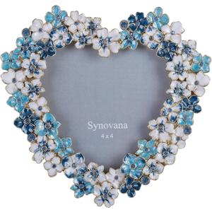 Blue Floral Picture Frame - 4x4 Heart-Shaped Blossom Photo Frame for Anniversary, Tabletop Display Gift