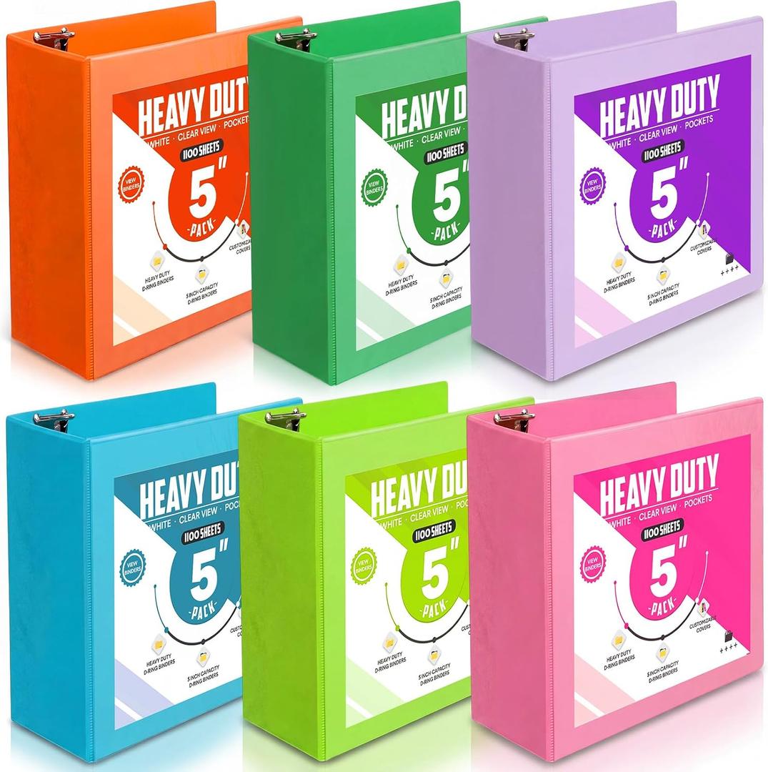 Sinload 6 Pcs 3 Ring Binder 5 Inch D Ring with Pockets, Multicolored