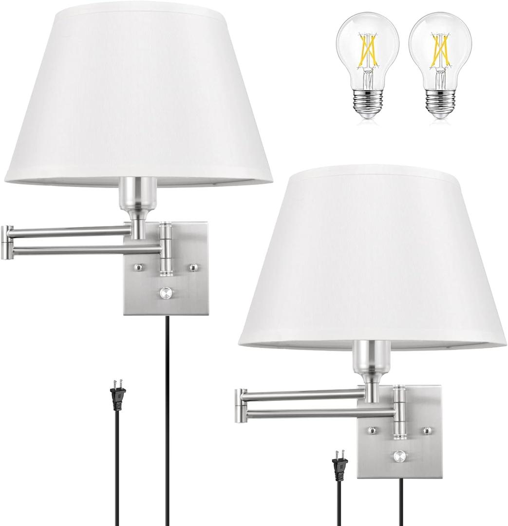 TRLIFE Dimmable Wall Sconce Plug in, Brushed Nickel Wall Sconces Set of Two Swing Arm Wall Lights with Plug in Cord and On/Off Dimmer Rotary Switch, 11.8" Large White Fabric Shade(2 Pack, 2 Bulbs)