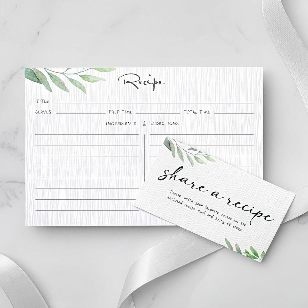 Outus 100 Pcs 4x6 Recipe Cards for Bridal Shower and Weddings, Share a Recipe Cards, Double-sided, Green Eucalyptus Leaves Design, Bridal Shower Invitations, Christmas Gifts