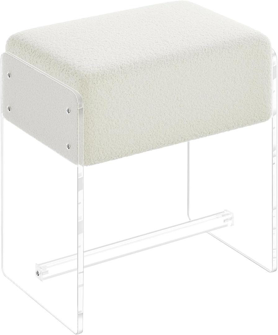 Vanity Stool Chair, Soft Ottoman with Clear Acrylic Legs, Modern Padded Seat Footstool for Entryway, Hallways, Bedrooms and Living Room (White), 11.2"D x 16.5"W x 17.5"H