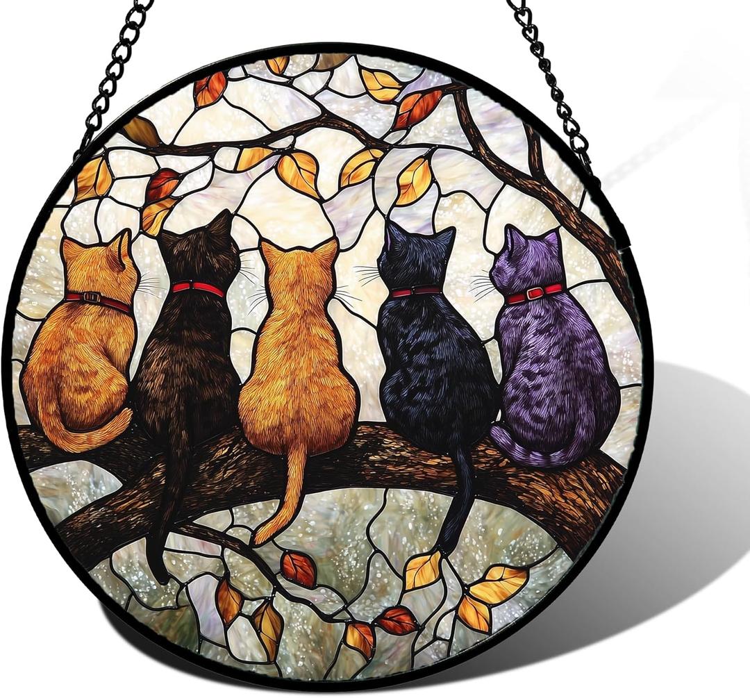 Stained Glass Window Hanging - 5 Cats on a Branch Suncatcher for Window Doors Home Decoration and Christmas, Mother's Day Father's Day Birthday Gifts for Women, Men, and Mom 6.3x6.3 in