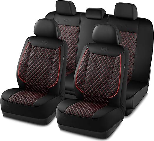Skechers Car Seat Covers, Piping Luxury Faux Seat Covers, Waterproof Anti Slip Car Seat Protector Full Set, Car Accessories Airbag Universal Fit for Most Cars, Vans, Trucks, SUV, Red
