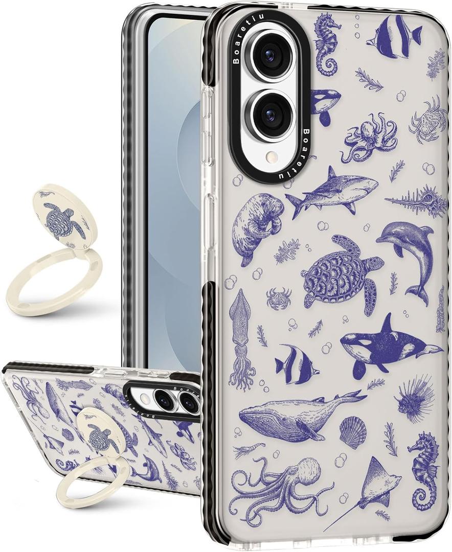 Boaretiu for Samsung Galaxy S25 Edge Case - with Stand Cute Kawaii Fashion 360 Rotate Ring Holder Kickstand Sea Fish for Women Girls Boys Teens Girly for Galaxy S25 Edge Case (Blue Ocean)