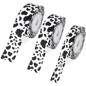 3 Rolls Cow Print Ribbon - 15 Yards, Cow Spot Pattern, Animal Print, Black and White for DIY Crafts, Gift Wrapping, Party Decorations (3 Sizes Mix)