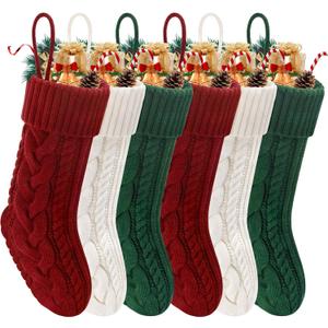 Christmas Stockings 6 Pack 18 Inches Large Size Knitted Stocking Christmas Decorations for Family Holiday Party Decor (6p-2red+2white+2green)