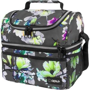 OPUX Lunch Box For Women, Insulated Large Lunch Bag Adult Work, Double Decker Lunchbox Meal Prep, Dual Compartment Leakproof Lunch Cooler, Lunch Pail Tote for Girls Kids School, Floral Gray 16 Cans