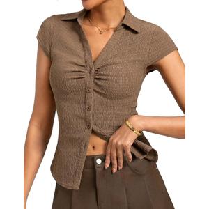 Women Ruched Button Down Shirt Collared Fitted Business Dressy Casual Top | Cropped Y2K Button Up Shirt, V Neck Cap Sleeve Blouse, Versatile for Work, Summer, Casual & Going Out Outfits (Blue, S)