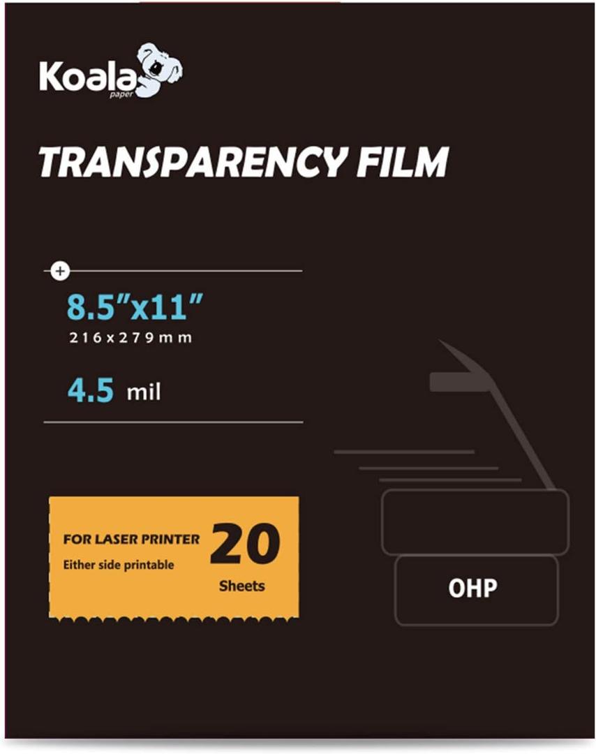 Koala Laser Transparency Film, Color Transparent Paper for OHP, Clear Overhead Projector Film 8.5x11 inches for Laser Jet Printer and Copier, Double-sided Printing Photo Transparent Film 20 Packs