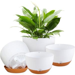 8/8/10/12 Inch Pots for Indoor Plants, 4 Pack Large Self Watering Planters with Drainage and Saucers, Plastic Outdoor Flower Pot(White)