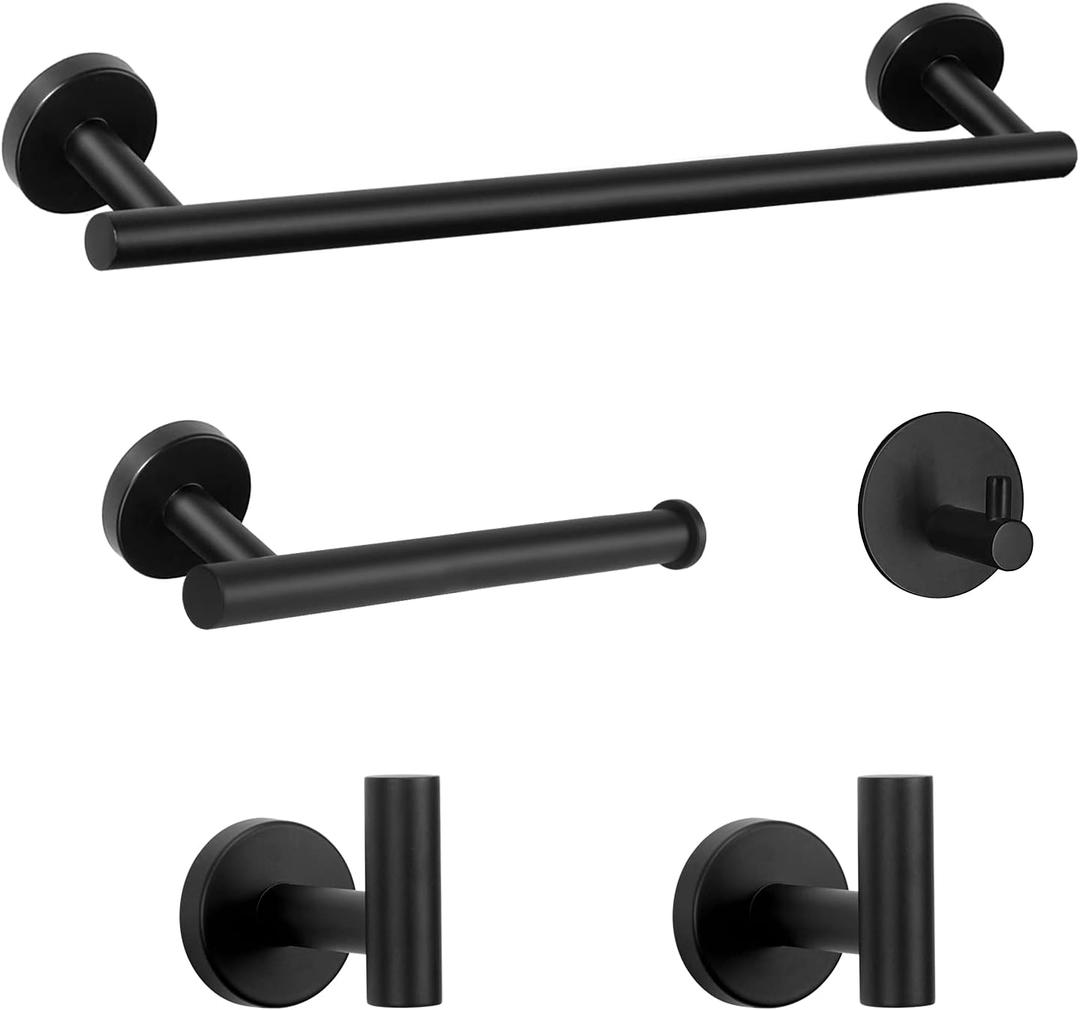 Bathroom Hardware Set SUS 304 Thicken Stainless Steel-Towel Bar Set Include 16" Towel Rod, Toilet Paper Holder, Multifunctional Hooks Bathroom Accessories (Matte Black, 3 Pieces)