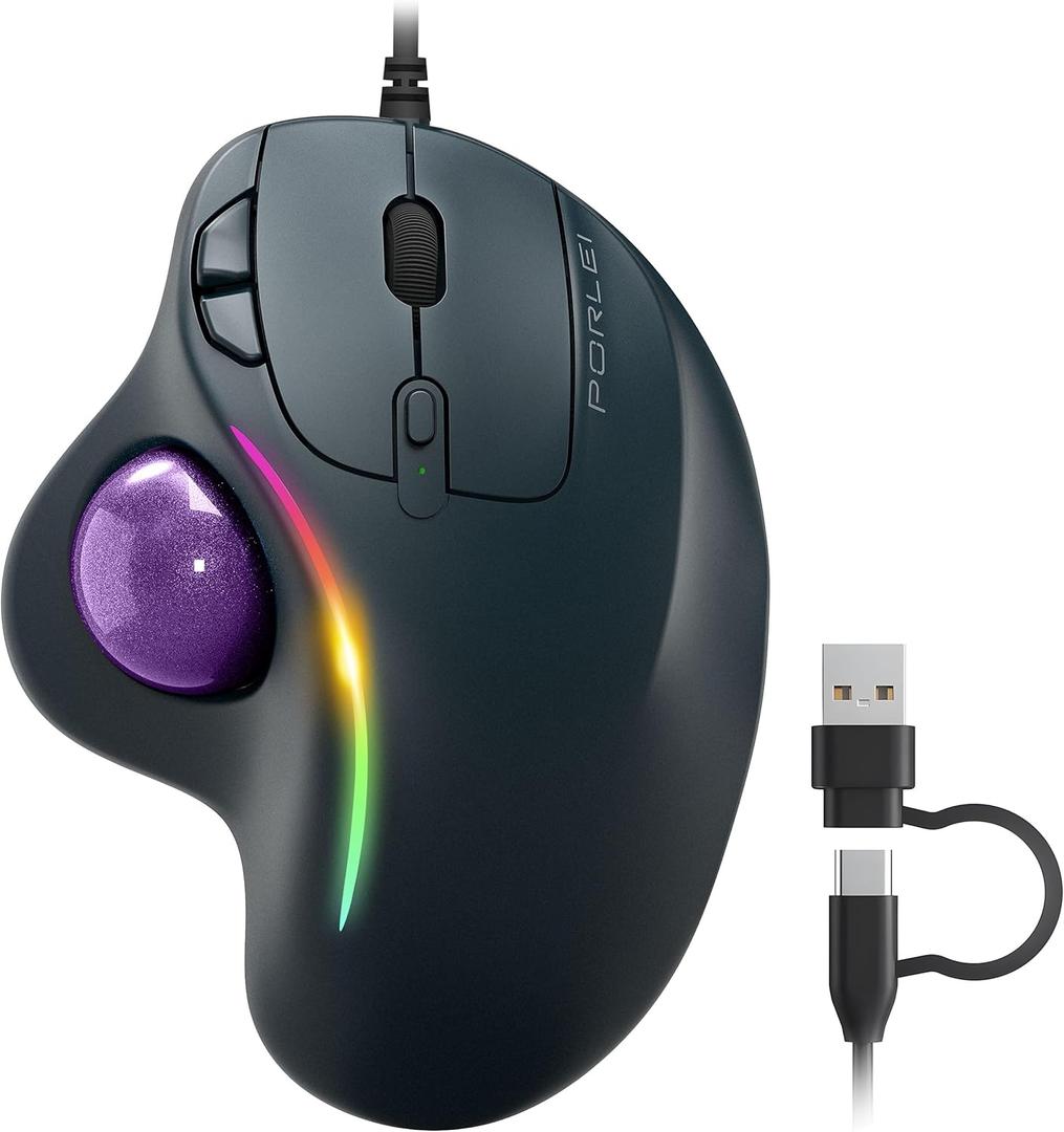 Wired Trackball Mouse with RGB Lighting, Ergonomic Thumb Control to Reduce Muscle Strain, 5 Adjustable DPI, Dual USB-C & USB-A Connectivity, Compatible with PC, Laptop, Mac, Windows-Purple