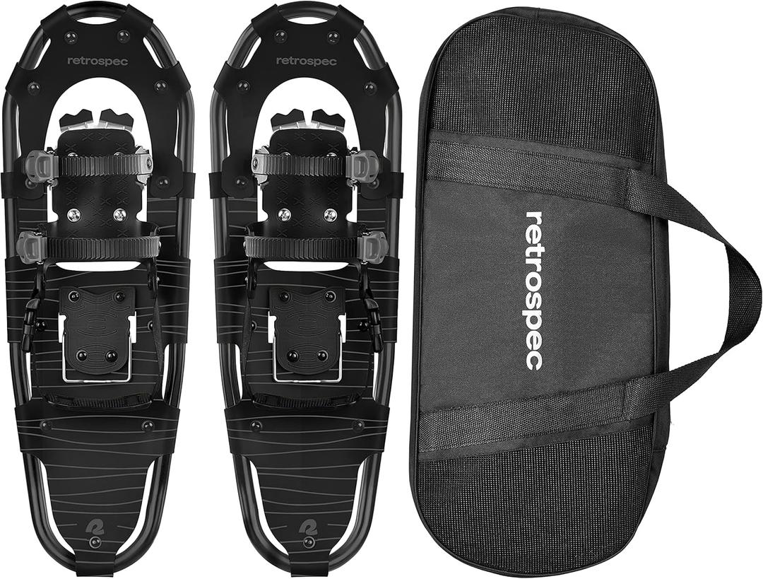 Retrospec Drifter Snowshoes for Women & Men - Lightweight Aluminum Frame Snow Shoes with Double Ratchet Binding System, Heel Lifts & Carry Bag for All Terrain Hiking & Winter Sports (25", Black Ice)
