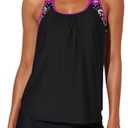 Aleumdr Womens Blouson Striped Printed Push up Strappy T-Back Tankini Top with Shorts. L