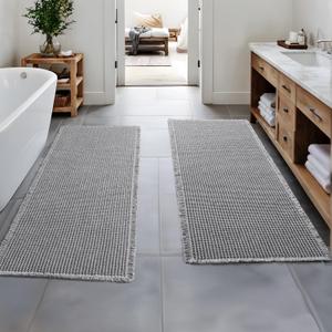 MIULEE Set of 2 Waffle Bathroom Runner Rugs, Boho Bath Rugs Non Slip Washable, Super Absorbent Runner Bath Mats, Rubber Backed, Ideal for Hallway Laundry Room, Light Grey, 2'x5'(24x60 Inch)