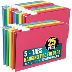 1InTheOffice Hanging File Folders Legal Size, Expandable Hanging File Folder, Adjustable 5 Tabs, Assorted Color, 25 Pack