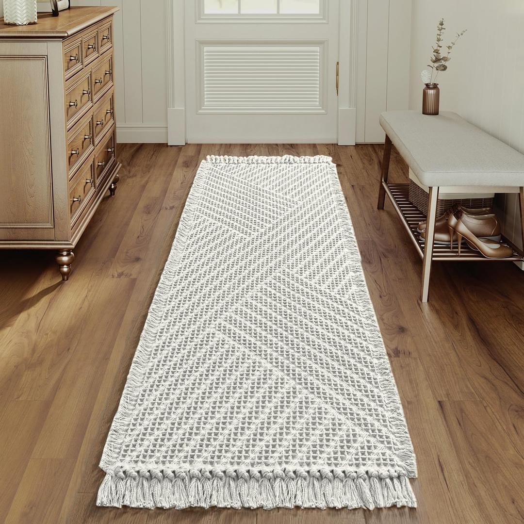H.VERSAILTEX Waffle Bath Runner Rug Long Bath Mat Super Absorbent Boho Bath Rugs Non Slip Bath Runner for Bathroom Floor Machine Washable Dry Fast Bathroom Rugs with Tassels, 24" x 72", Ivory White