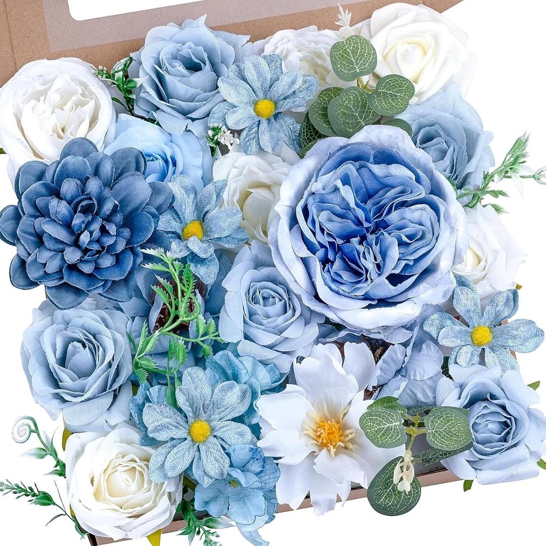 Artificial Blue Flowers Combo Box Set Baby Blue Rose Flowers Bulk Mix Dusty Blue Dahila Peonies Fake Silk Light Blue Flower Bouquets for Wedding Bridal Shower Table Centerpieces Home Party Decor