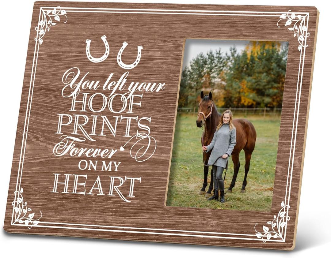 SRADMO Horse Pet Memorial Picture Frame,You Left Your Hoof Prints Forever on My Heart 108 inch Rustic Wooden Tabletop Photo Frame,Sympathy Gifts for Loss Of Horse,Passed Away Horse Memorial Gifts