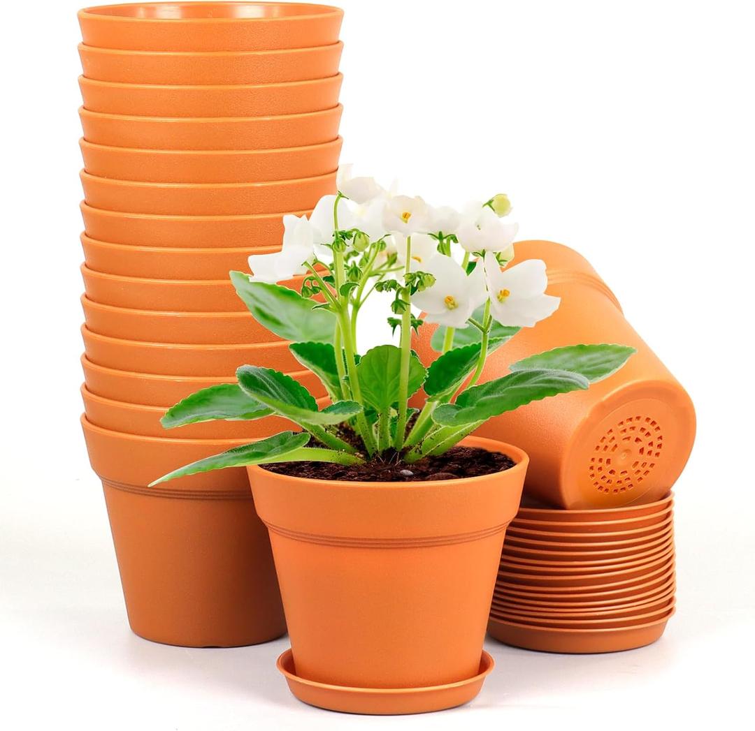 Meowell 6 inch Plastic Nursery Pots, 16 Pack Plant Pots for Indoor Outdoor Plants, Flower Pots with Drainage Holes and Saucers, Decorative Seedling Starter Planters for House Plants, Terracotta