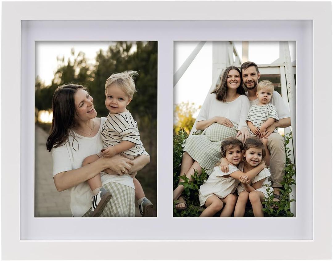 Collage Picture Frame, Double 4x6 Picture Frame with Mat, Fits 8x10 or Two 4x6 Photos, Tempered Glass, for Tabletop or Wall Mount-Bright White