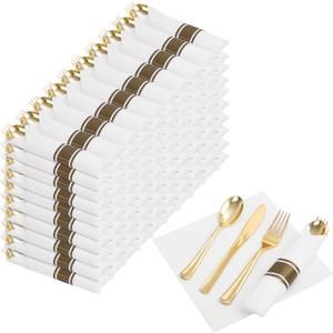 Nervure 400PCS Pre Rolled Gold Plastic Silverware Sets - Heavy Duty Gold Cutlery - Include 100 Pack Wrapped Disposable Utensils with Napkins for Parties, Dinners & Weddings
