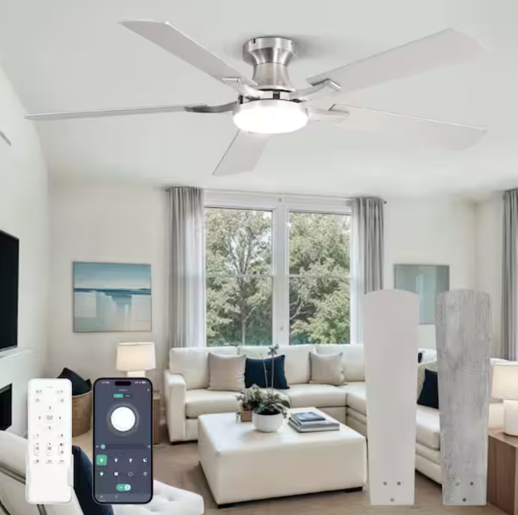 52 in. indoor Dimmable Brushed Nickel 6-Speed Flush Mount Ceiling Fan with Adjustable LED and Remote Control