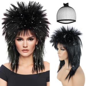 BESTBEL+Hair Cap 80's Long Silver Black Wig for Women Rocking Diva Wig Long Spiky Wig with Bangs Rocker Anime Funny Hair for Halloween Cosplay Womens Cosplay Outfit for Costume Party