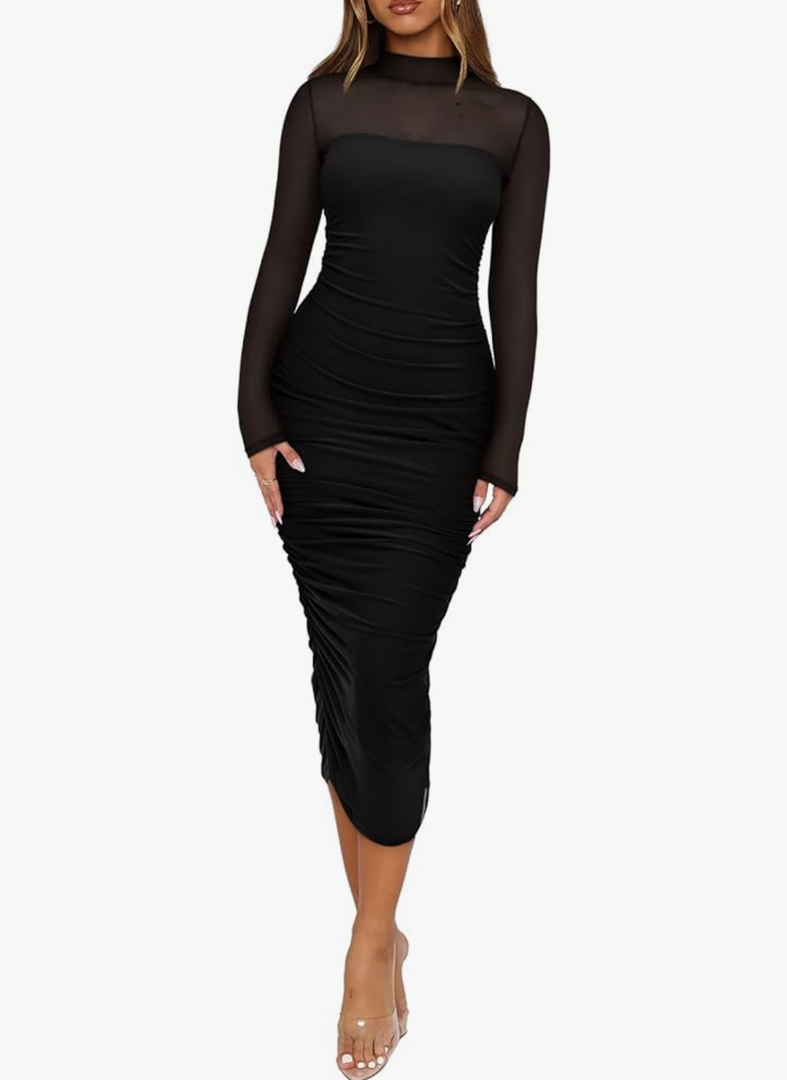 REORIA Women's Fall Mesh Long Sleeve Midi Ruched Bodycon Dress Mock Neck Elegant Club Evening Party Cocktail Dresses, M