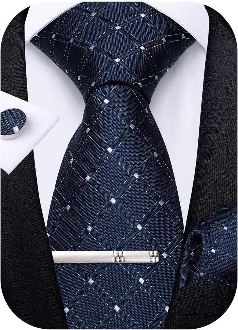 DiBanGu Plaid Ties for Men Silk Checkered Necktie and Pocket Square Cufflinks Tie Clip Set with Gift Box for Wedding Business