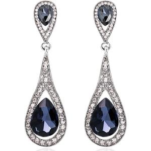 Extra Large Long Antique Vintage Retro Deco Gatsby Flapper Style Dark Navy Midnight Sapphire Blue Rhinestone Dangle Earrings