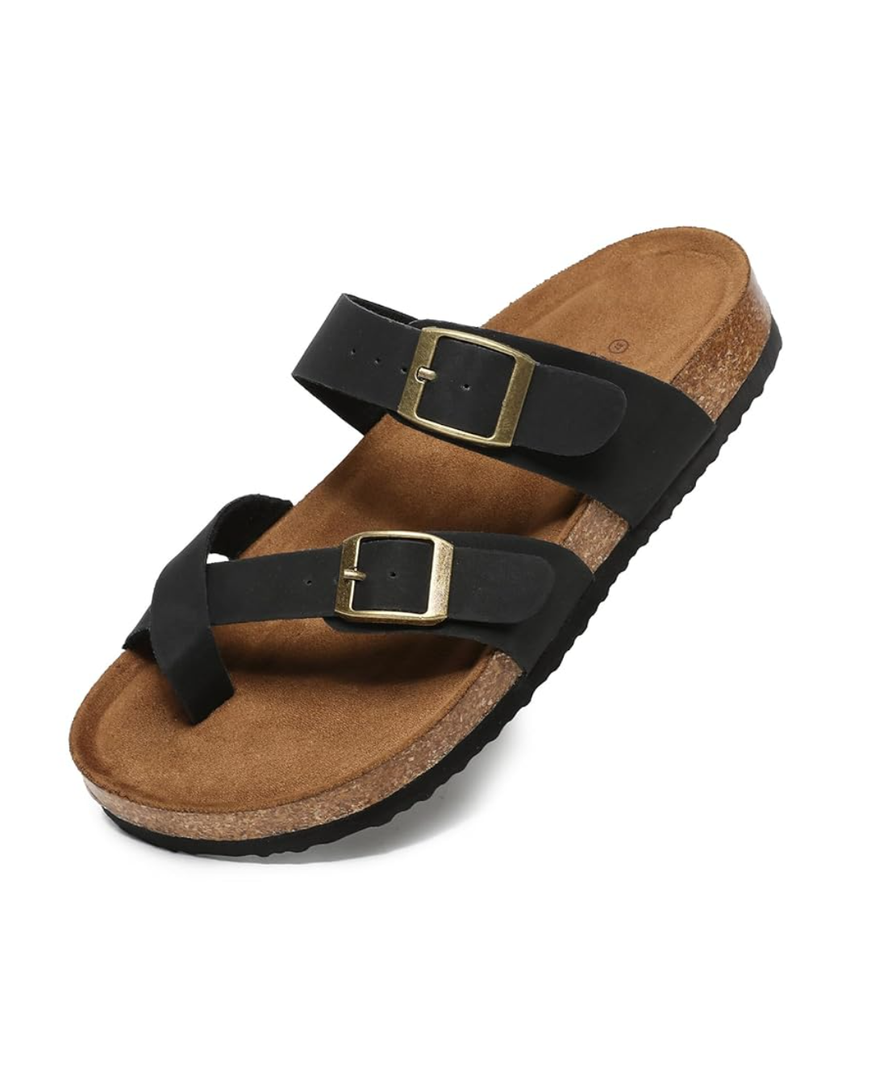 Yozuru Womens Cork Footbed Sandals Comfort Open Toe Slides Adjustable Buckle Beach Summer Flat Sandals with Arch Support Size 38