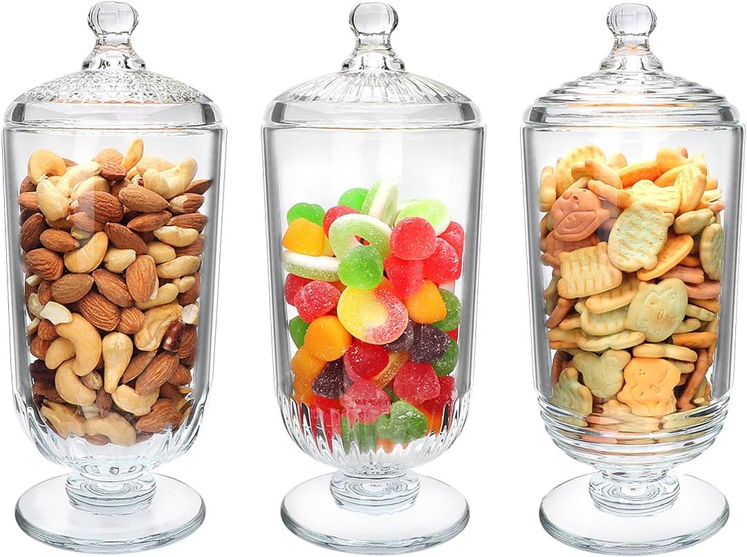 24fl oz Glass Candy Jars with Lids,3 Pack Apothecary Jars,Storage Jar for Candy, Cookies, Snacks, Kitchen Pantry, Clear Glass Jar for Countertop Display & Party Favors