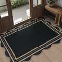 Easy Jute Black Front Door Mat, 2.6x4 Washable Entryway Rug Non Slip Small Kitchen Rug, Farmhouse Low Pile Floor Scalloped Rugs for Bathroom Porch Doorway