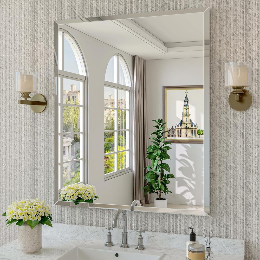 Frameless Bathroom Mirror for Wall, 30"x36" Beveled Bathroom Vanity Mirror, Modern Rectangle Bathroom Mirrors for Bedroom, Entryway, Living Room, Hangs Horizontally or Vertically