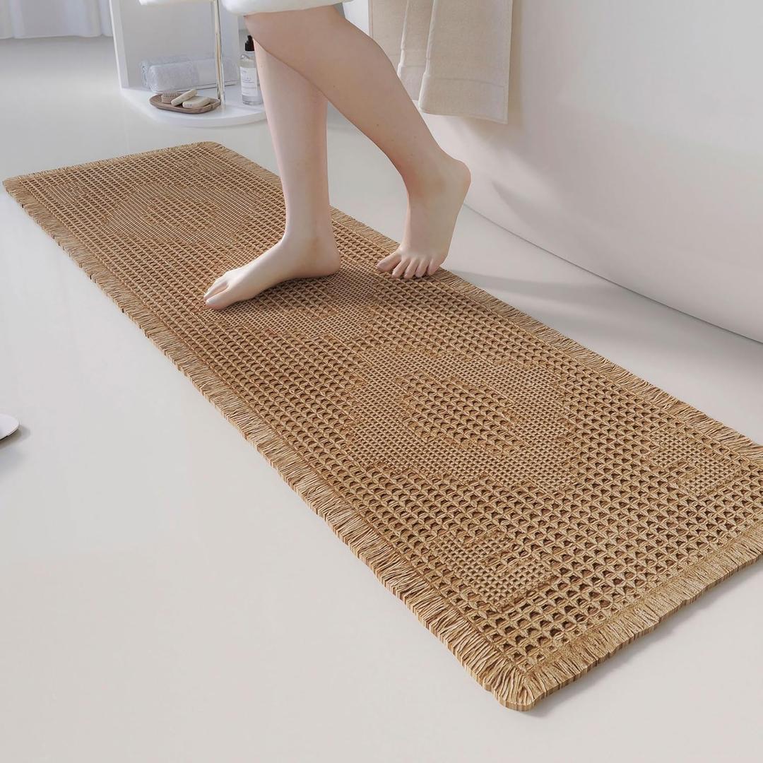 Non Slip Bath Mats for Bathroom Soft Absorbent Boho Bathroom Rugs with Tassels Waffle Bath Mat Machine Washable Brown, 1'6" x 4'