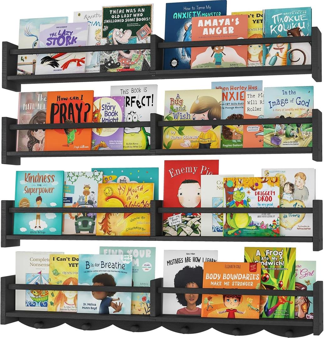 34Inch Nursery Bookshelves,Set of 4,Wall Floating Shelf Kids Coat Rack with 6Hooks,Hanging Book Shelf for Baby Nursery Room Dcor Patent Number: 29958098(Black, 34)