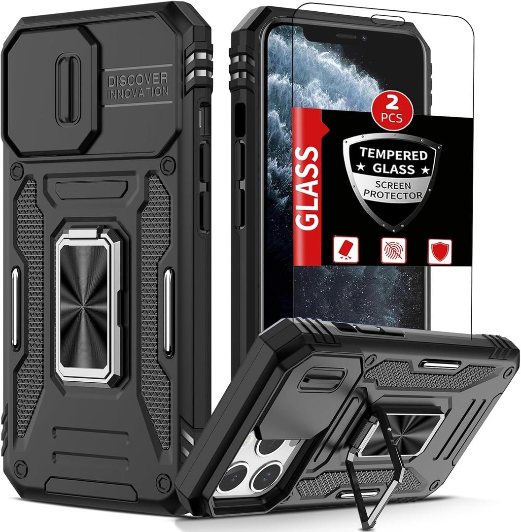 for iPhone 11 Pro Case with 2 Screen Protector,Built-in Slide Camera Cover,for 11Pro Phone Case with 360Kickstand Ring Shockproof Anti-Scratch Military-Grade Drop Heavy Duty Protection Black