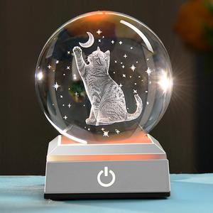 3D Cat Crystal Ball Lover Gifts for Her Women Cat Themed Gifts 80mm Glass Globe Stuff Present Mom Kids with LED Lighting Base