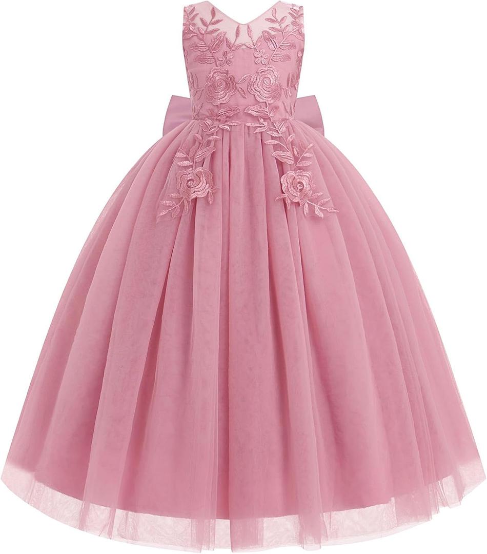 IDOPIP Flower Girl Lace Dress for Kids Wedding Bridesmaid Pageant Party Formal Long Gown Princess Communion Tulle Bow Dresses (11-12 Years, Dusty Pink)