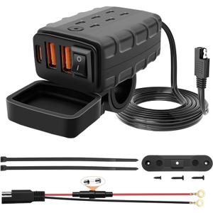Waterproof Motorcycle USB Charger with 3 Ports, 36W Universal Fit SAE to USB Fast Charging Adapter with ON Off Switch