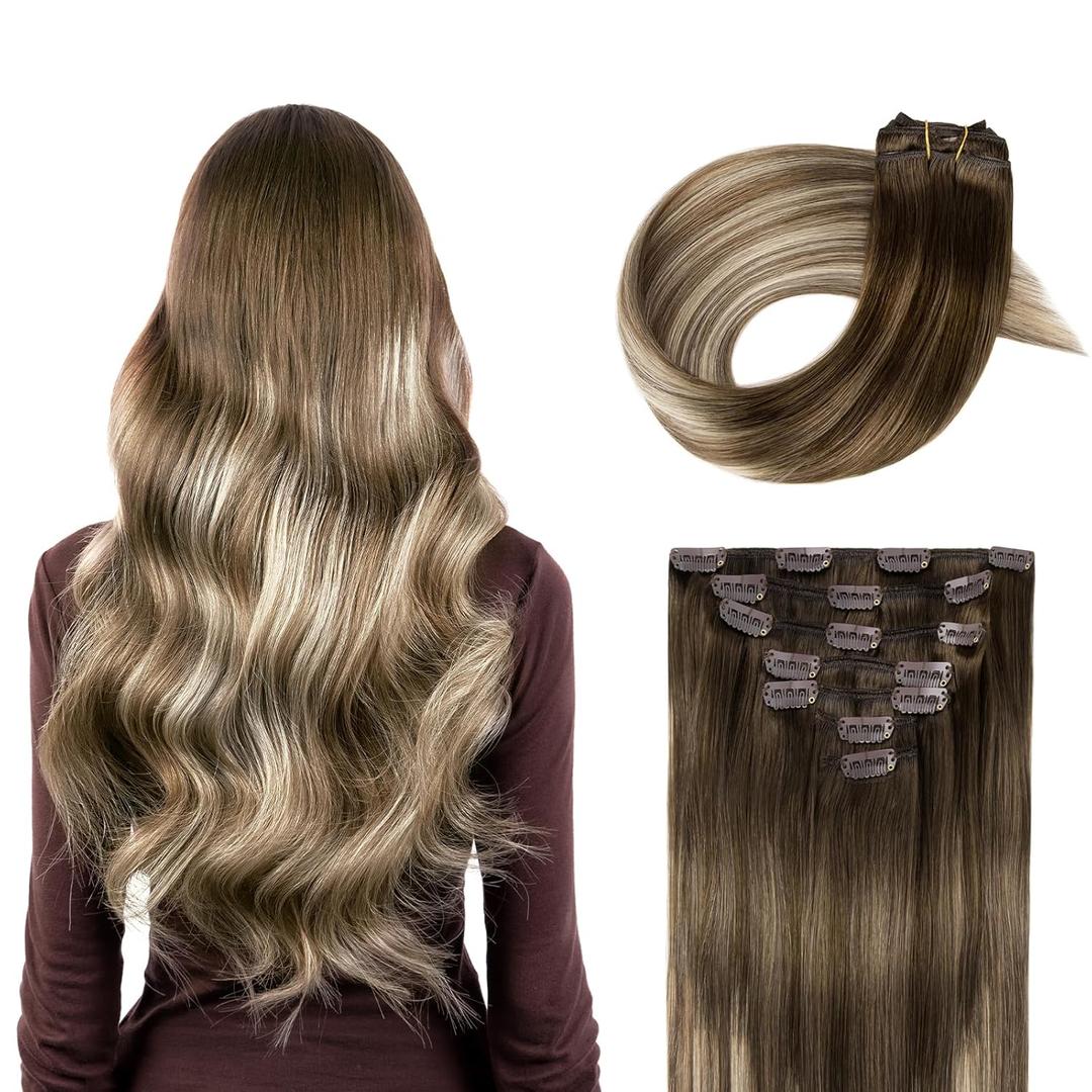 Clip in Hair Extensions Real Human Hair, Silky Straight Remy Hair Extensions for Women, Balayage Walnut Brown to Ash Brown and Bleach Blonde #3TP8/613 20Inch 120G 7PCS