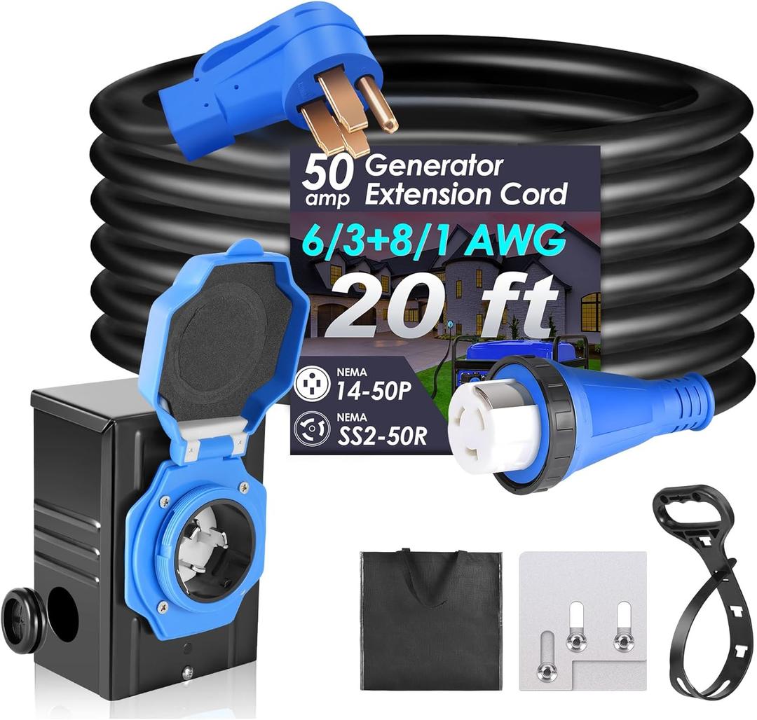 Seeutek 50 Amp Generator Cord, 4 Prong 20 FT Generator Extension Cord with Pre-drilled Power Inlet Box & Interlock Kit, NEMA 14-50P/SS2-50P Functional Cable, High Conductivity, ETL Listed