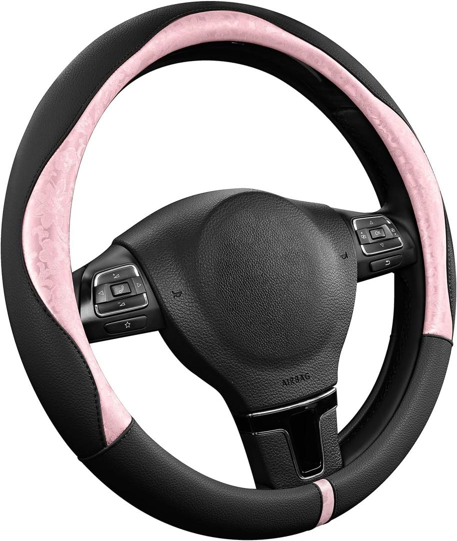PIC AUTO Steering Wheel Cover, Pink Patterned & Black Leather Patchwork Design, Universal Fit 14.5"15.5", Anti-Slip, Odor-Free, Soft PU Grain Leather, Durable Grip Car Accessory for Girls & Women