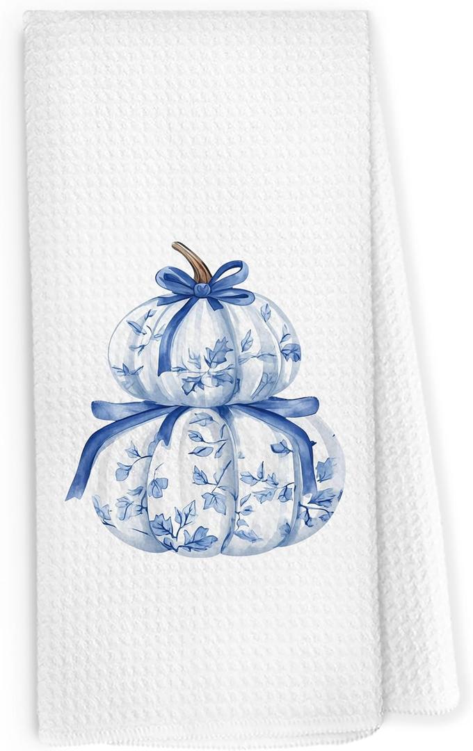 Blue Chinoiserie Pumpkin Fall Kitchen Dish Towels 16x24 Inch, Blue and White Coquette Chinoiserie Bow Pumpkin Autumn Decorative Hand Towel Tea Towels for Kitchen Bathroom
